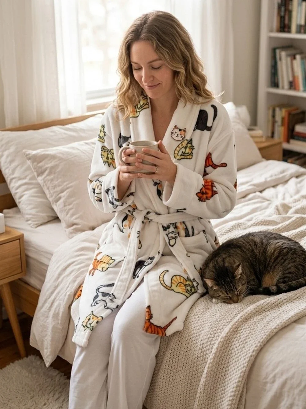 {Aegan Apparel} Soft Cat Print Fleece Robe White - ONE SIZE